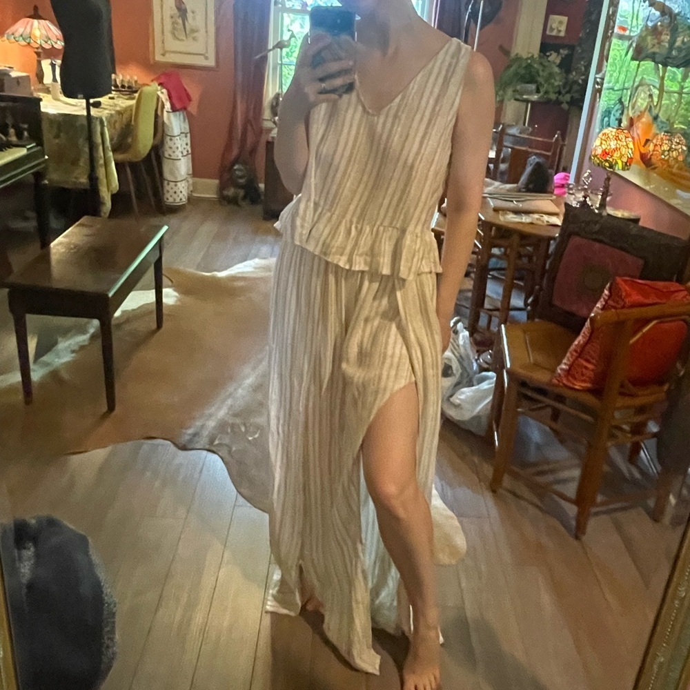 Sage Striped Sleeveless Jumpsuit Romper in Beige and Cream